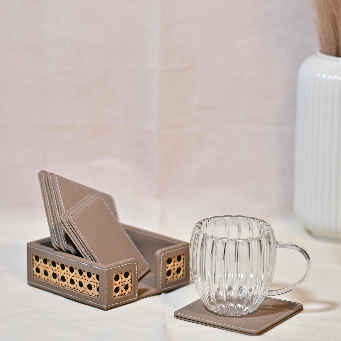 Dark Beige Fabric Rattan Coasters with Stitch Detailing